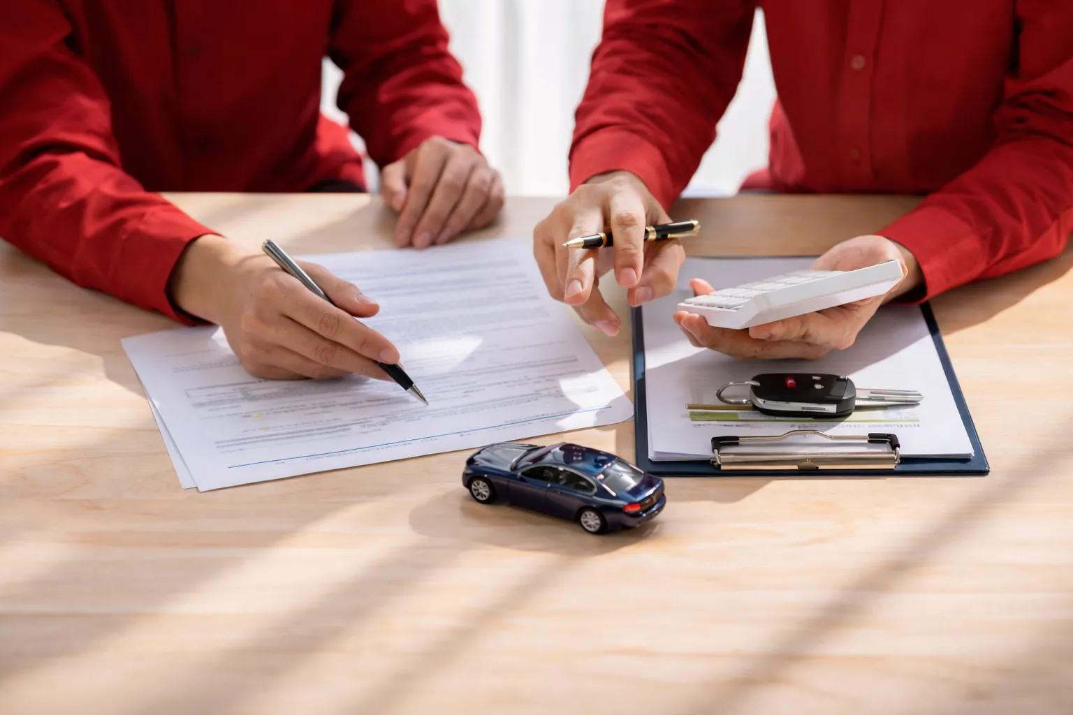 ביטוח רכב לעסק – יועץ ביטוח מסביר על פוליסה לרכב חברה עם מסמכים ומחשבון על שולחן עבודה