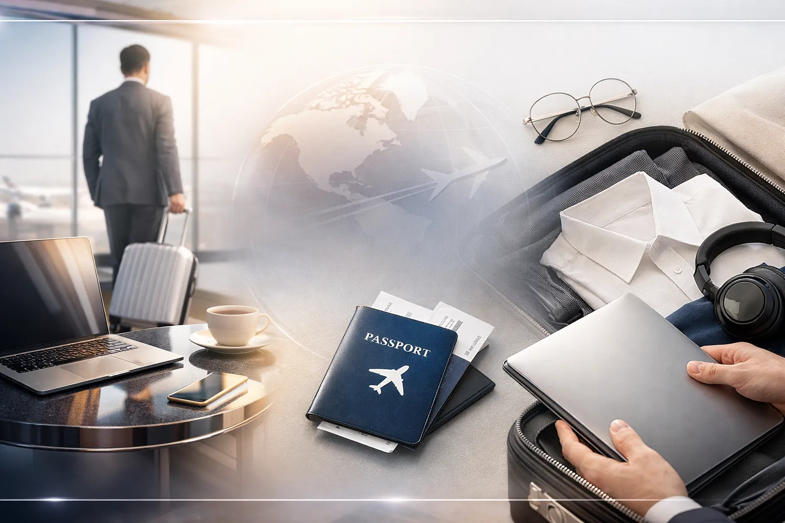 נסיעות תכופות לחו״ל – איש עסקים בשדה תעופה עם מזוודה, דרכון ומחשב נייד לאריזה חכמה וביטוח נסיעות שנתי