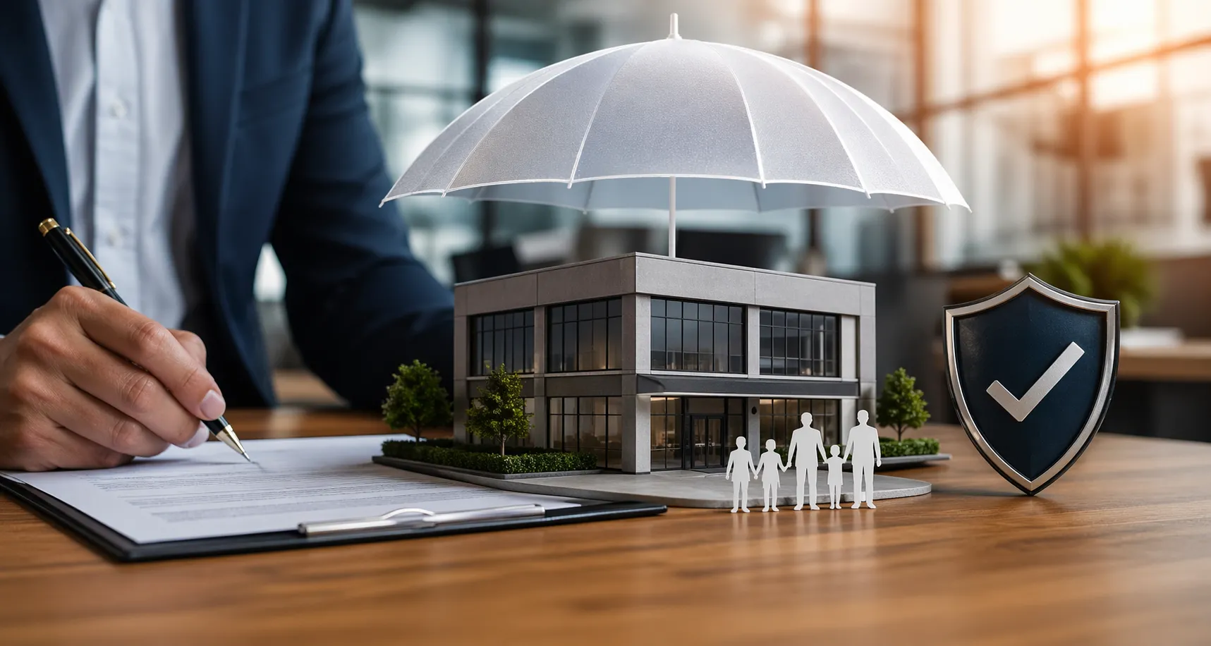 ביטוח להשכרת נכס לעסק עם חוזה שכירות, מבנה מסחרי וסמל הגנה ביטוחית