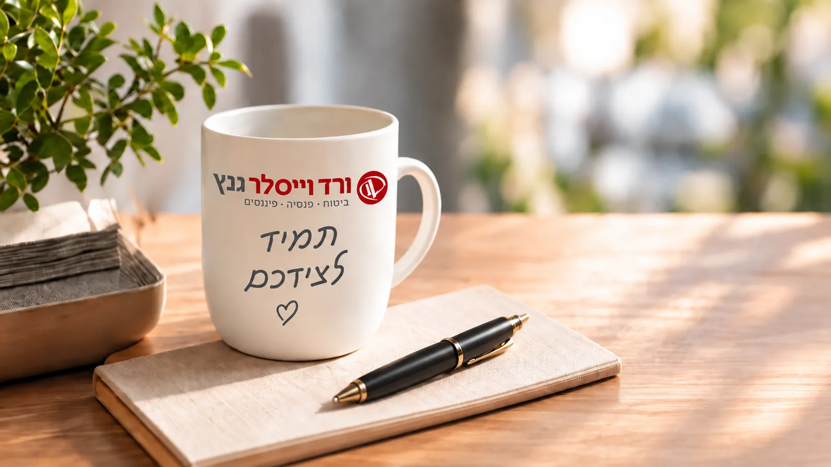 ספל ממותג של ורד וייסלר עם הכיתוב תמיד לצידכם